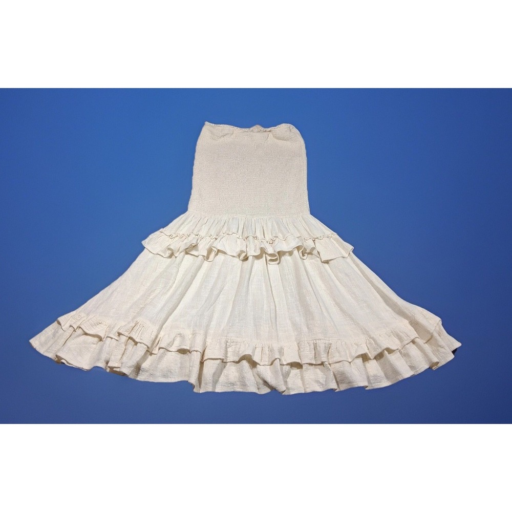 BIB! Ivory Cotton Gauze Smocked Tiered Ruffle‎ Strapless Dress Maxi Skirt M